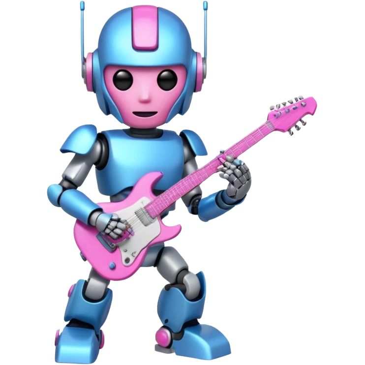 a cyper robot carry her note and electric guitar and try to change the world with pink and bluecolor emoji