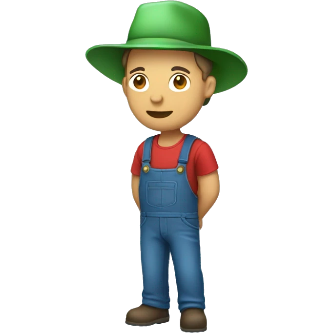 a farmer with green farmer hat, red t-shirt and blue overalls emoji