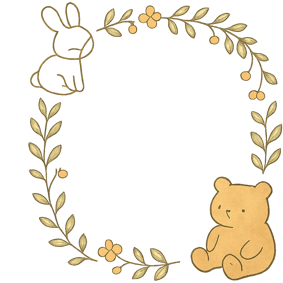 A4 vertical ratio cozy hand-drawn Mori style pastel background with soft watercolor texture, cute botanical wreath of leaves and tiny flowers, a soft brown bear sitting at the bottom right, a light beige bunny sitting at the top left, soft pastel colors, clean minimal design, planner cover, high resolution emoji