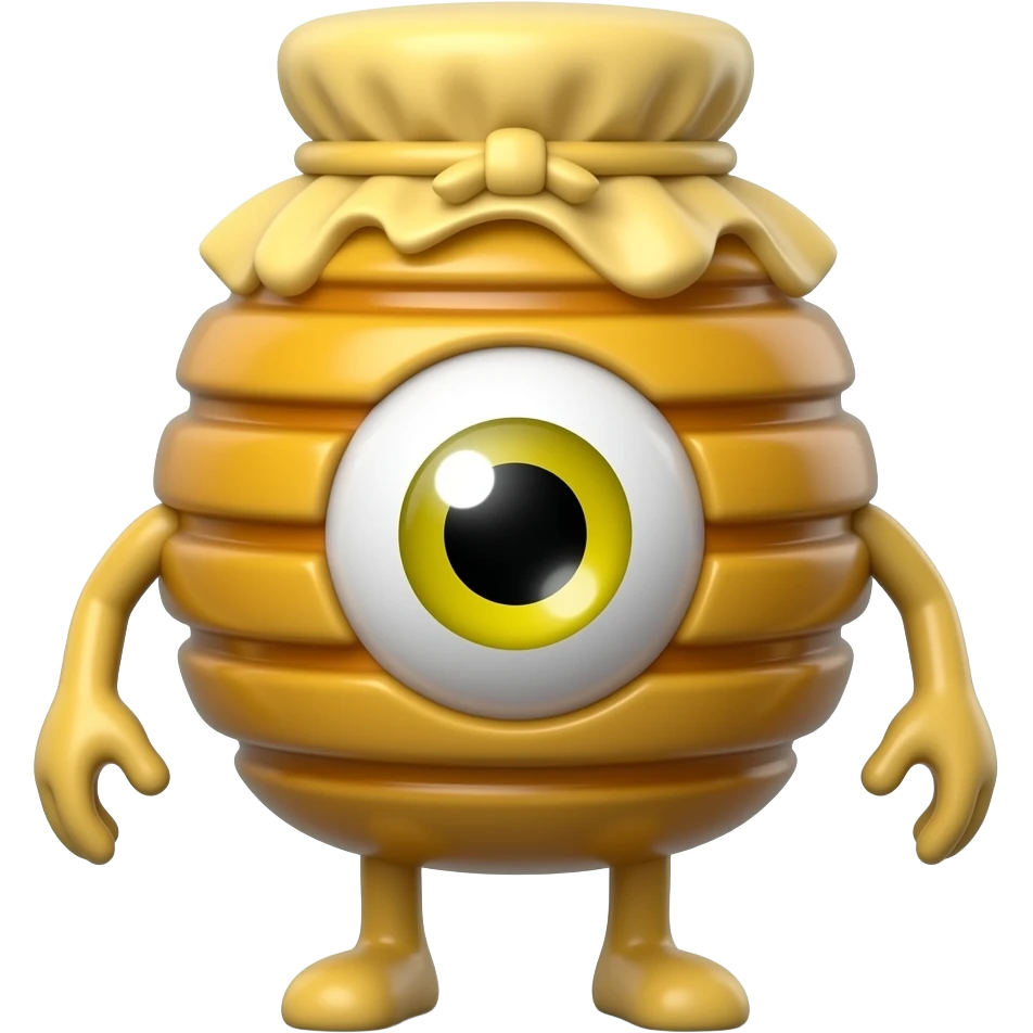 A honey bottle with one single eye and legs and arms with yellow eyes emoji
