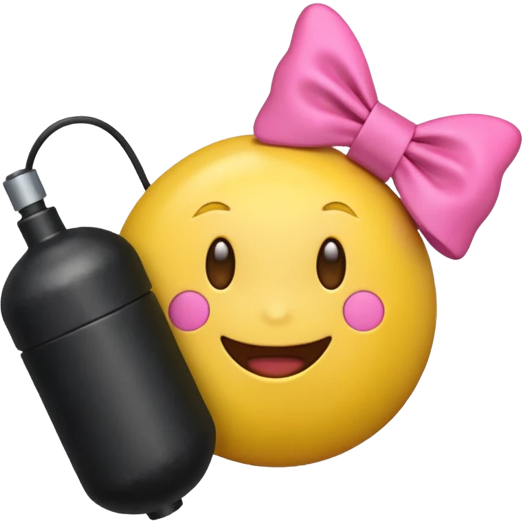 A happy face emoji holding a bomb and the bomb has a cute pink bow on the bomb emoji