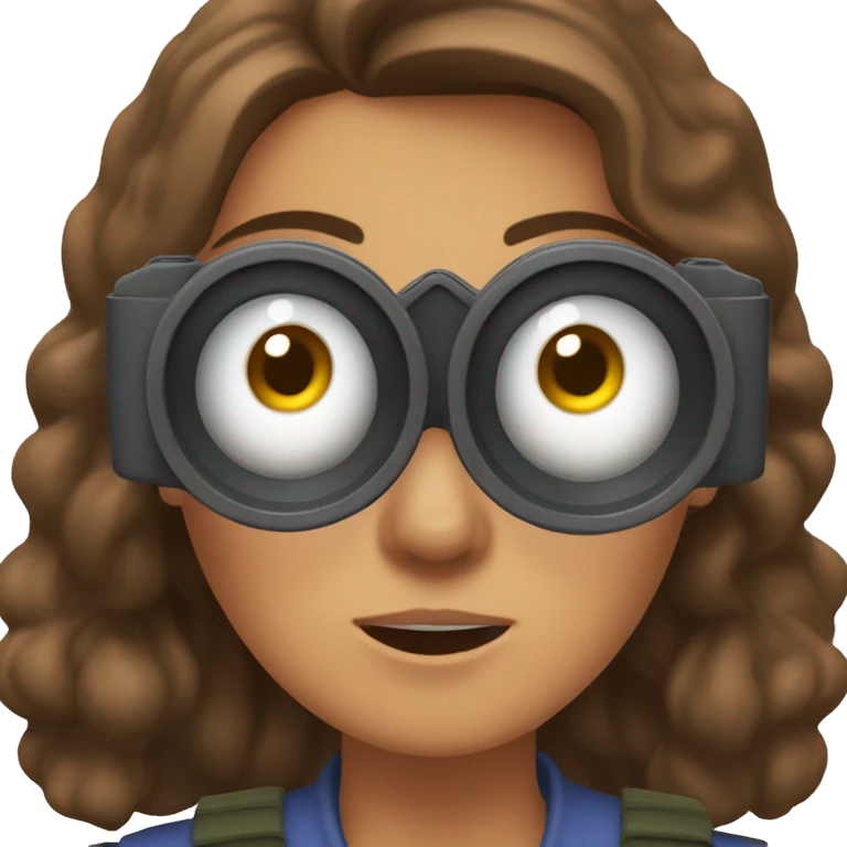 brown-haired woman holding binocular up to her face, surprised facial expression emoji