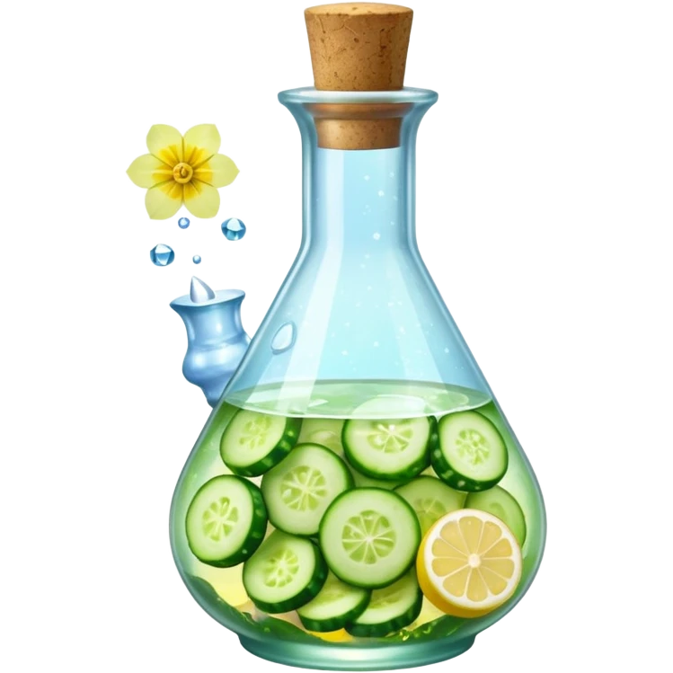 potion bottle with a perfectly round floating bottom, very small cork, very short neck, filled with #00d9ff liquid, inside cucumber slices, lemon slices, ice cubes, edible flower petals, and magical sparkles, soft lighting, transparent glass, clean background, fantasy style emoji