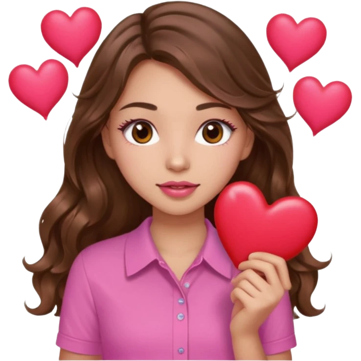 girl with long wavy brown hair, brown eyes, light to medium complexion, in a pink shirt, pink lips, long lashes, many  hearts in hand emoji