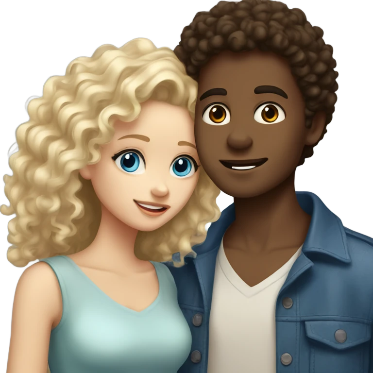 dark brown haired boy with fluffy hair and with brown eyes and light skin kissing a blonde curly haired girl with blue eyes emoji