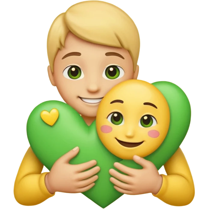 A hug emoji that holds green hearts in hands emoji
