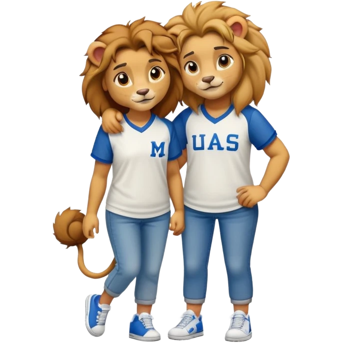 friendly anthropomorphised female lion wearing a baseball shirt, jeans, and trainers, comforting another character emoji