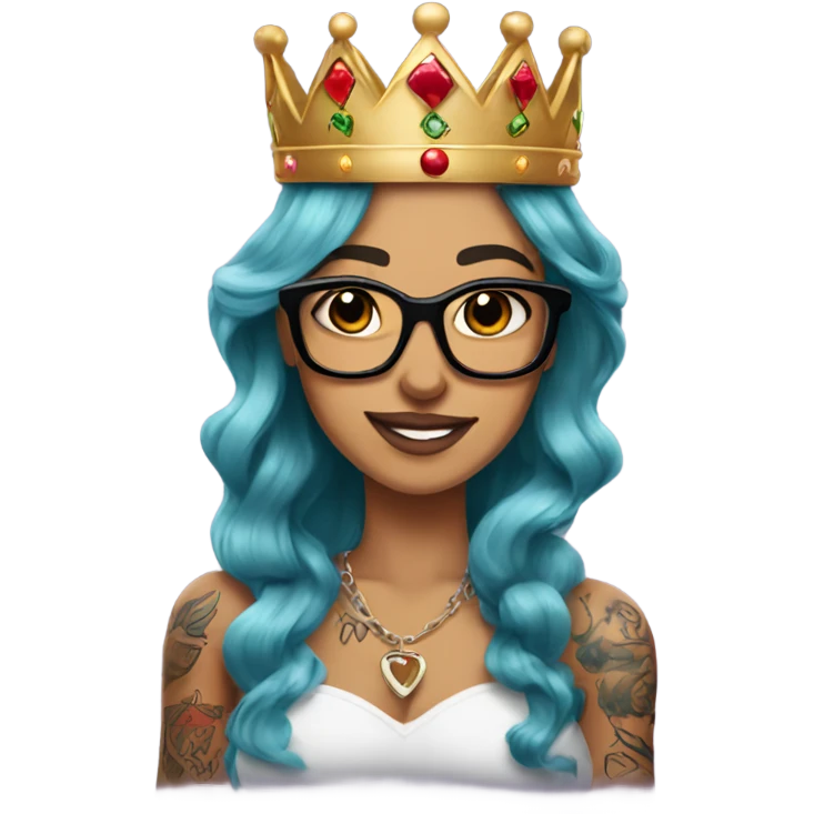 Pinupx long hair, wearing a crown and tattoos and glasses emoji