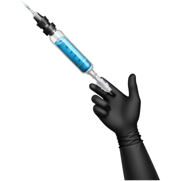 mano con guante medico de color negro sosteniendo una jeringa no tan grande y que solo se vea la mano hasta la muñeca, no el brazo y que el liquido de la jeringa sea transparente emoji
