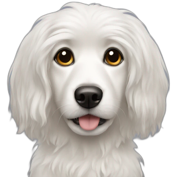 a small white dog with long hair and dark nose emoji