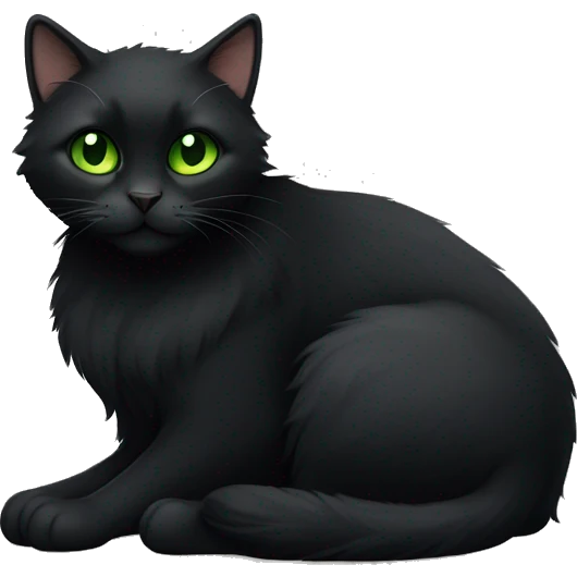 Black extra furry cat fully body laying down with green eyes emoji