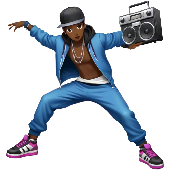 Icon for Street Dance: a dancer in urban streetwear performing a dynamic lower breakdance move, with a spray-painted background and a boombox on the asphalt. The icon should capture the energy, style, and creativity of street dance culture. Transparent background. emoji