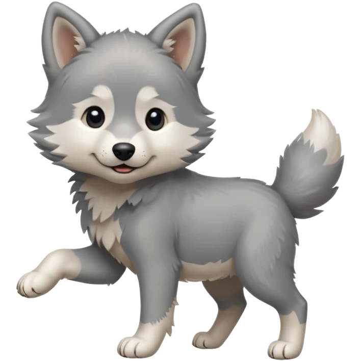 an animated gif-style sticker emote of a wolf puppy in a play bow wagging its tail in a smooth, natural arc over its back  emoji
