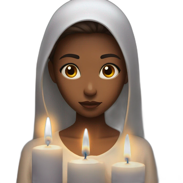 a girl with white skin ridiculously prays at a candle in front of her emoji