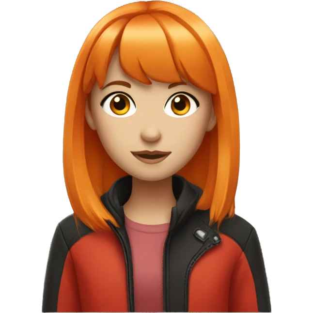 Teenager girl wearing red jacket with orange middle hair with bangs and sharp black eyes  emoji