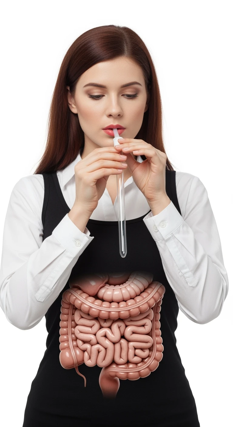 donna con intestino anatomico realistico in evidenza che fa il "Breath test", iperrealistica 4k, sfondo bianco emoji