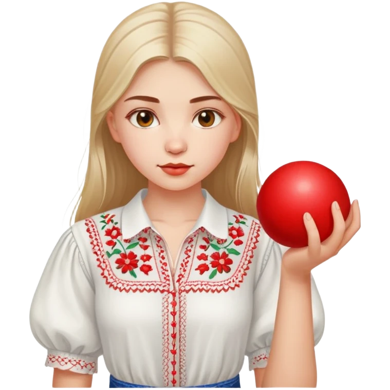 Ukrainian young girl in a white embroidered shirt holds a red ball of thread in her hand emoji
