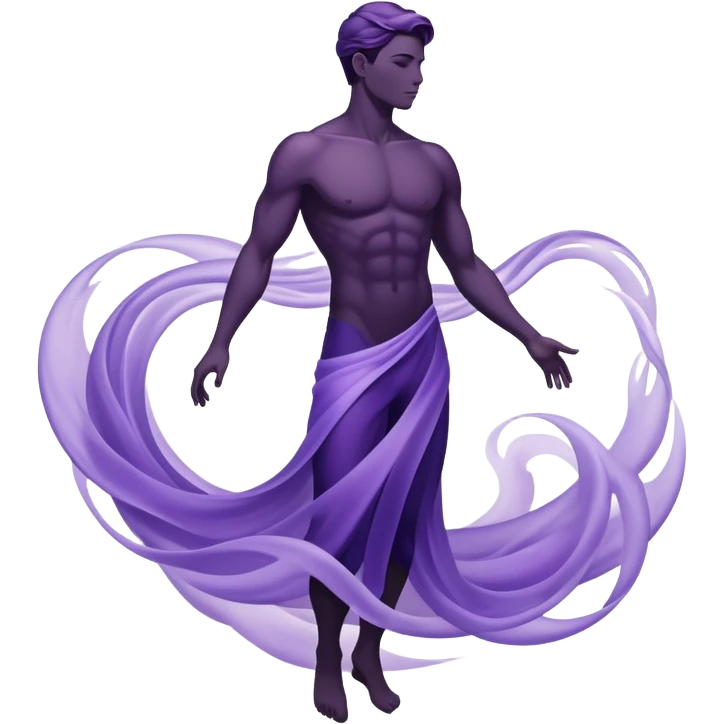 Masculine silhouette formed by subtle purple flowing energy waves with ethereal style elements floating around it, minimal fashion pieces surrounding the form emoji