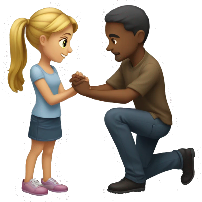 the guy kneels in front of the girl and the girl points her finger down emoji
