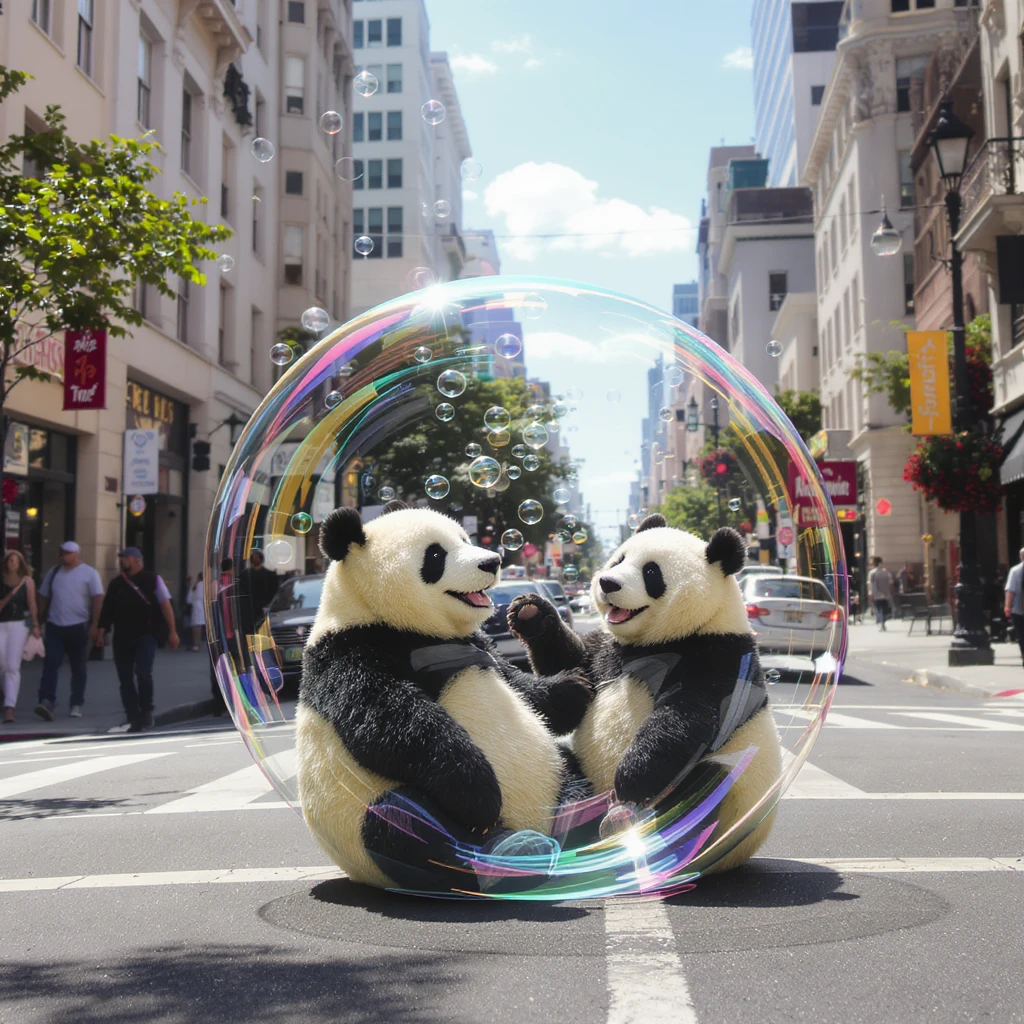 Cinematic still pandas bears sitting inside bubbles flying around San Francisco downtown, sunny summer day, happy vibe emoji