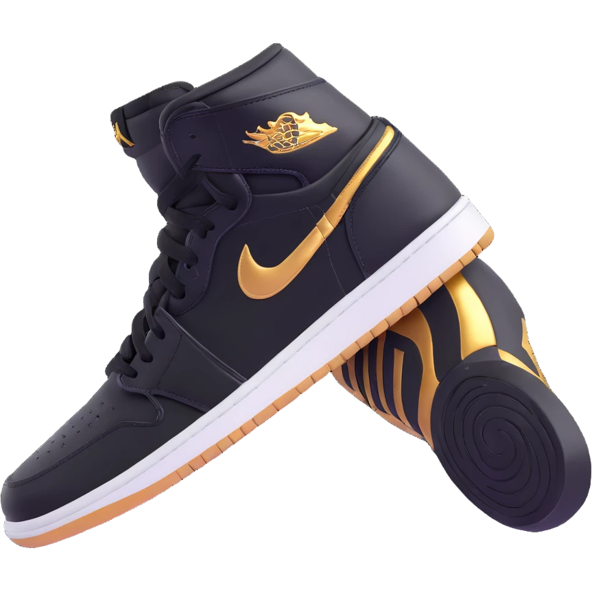 Jordan 1 sneaker, shiny black material with a metallic gold swoosh emoji