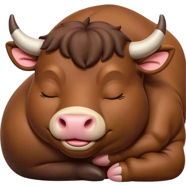 Meme-Worthy Cute Sleeping Brown Bull Portrait Emoji, Head resting peacefully with a contented smile, showcasing a robust, massive build and a luxuriously soft rich brown hide, eyes shut in a serene, restful nap, Simplified yet hilariously adorable features, highly detailed, glowing with a soft, drowsy light, high shine, relaxed and utterly lovable, stylized with an air of playful laziness, bright and heartwarming, soft glowing outline, capturing the essence of a comically sleepy guardian, so meme-worthy it feels like it could instantly become the next viral sensation of adorable slumber! emoji