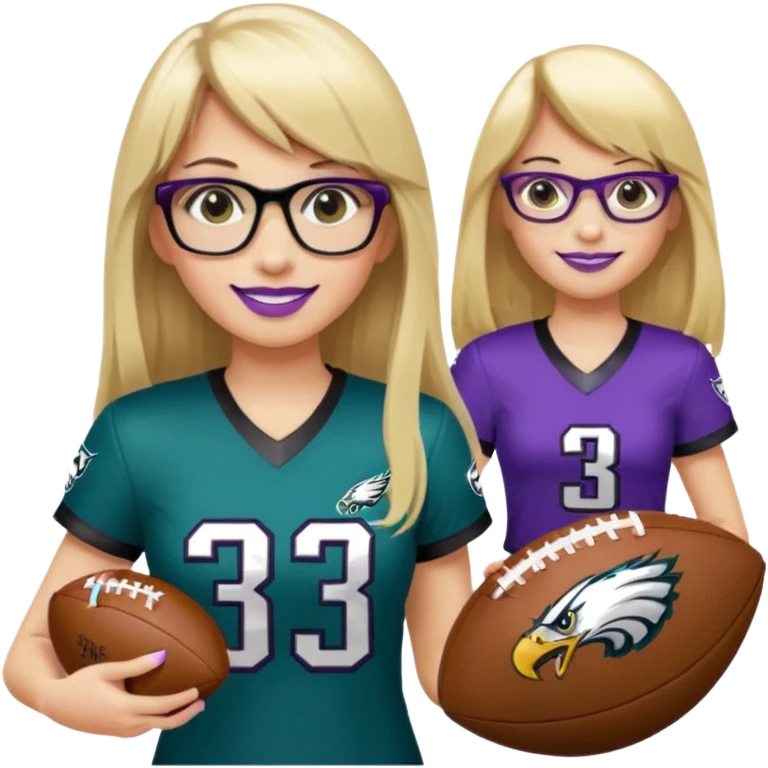 full length women wearing eagles uniform, long blonde hair, straight bangs, black glasses, holding football, number 33, smiling, purple lipstick emoji