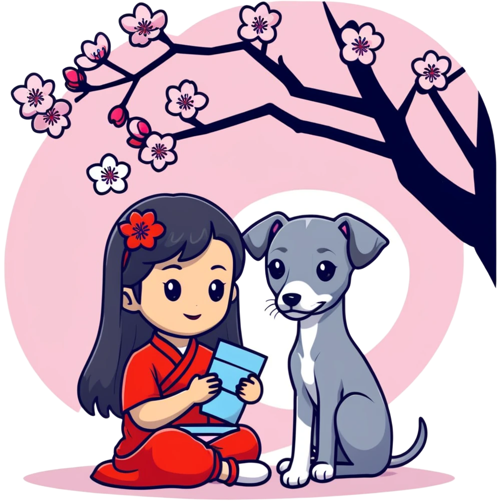 A young Chinese girl with long black hair and a pure grey Italian Greyhound with no white markings sitting under a cherry blossom tree emoji