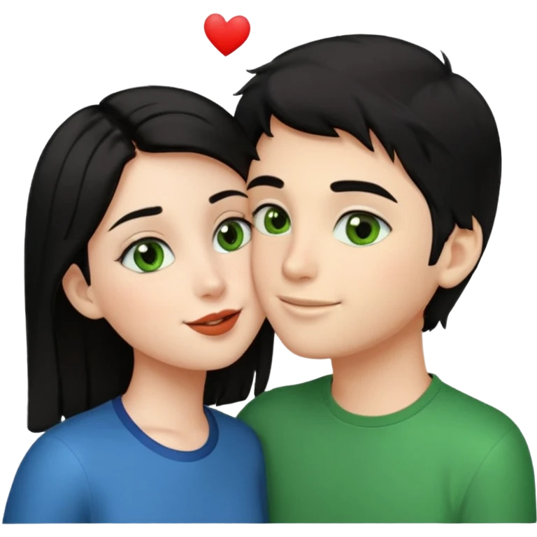a girl with black hair and green eyes giving a kiss on the cheek to a boy with brown hair and brown eyes, emoji style emoji