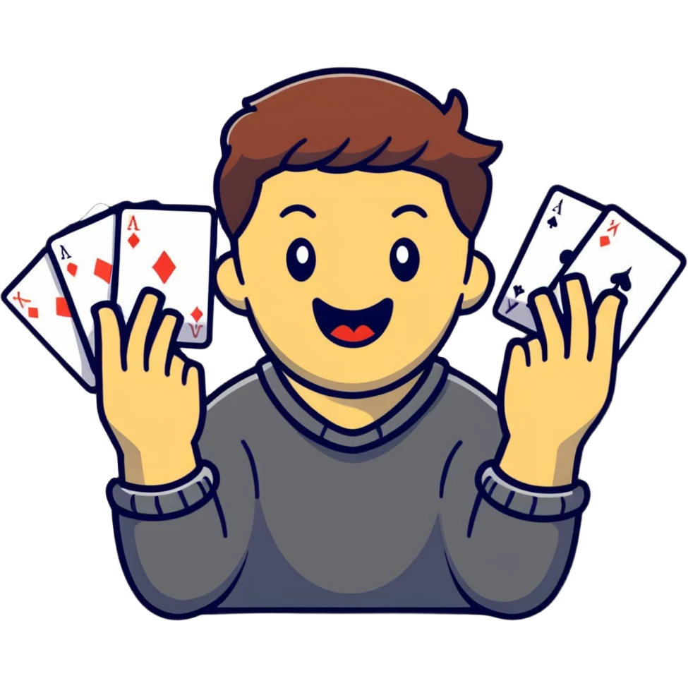 Canasta card game player with excited expression and cards emoji