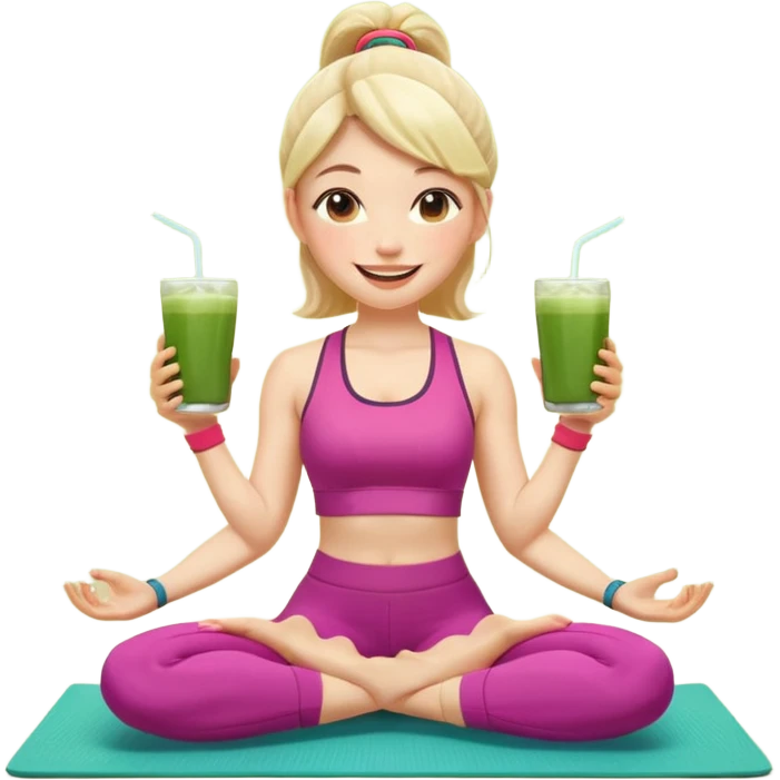 Девушка-мемоджи радостно сидит на коврике для йоги, в спортивной позе, в ярком стильном спортивном комплекте. Лицо сияющее, улыбка очень довольная и счастливая, в руках яркий стакан освежающего матча-лимонада, вокруг атмосфера свежести, отдыха и комфорта. Белый фон. 2 руки и 2 ноги emoji