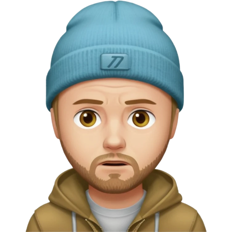 Jesse Pinkman from Breaking Bad, challenging expression, wearing a beanie, light beard, simple background emoji