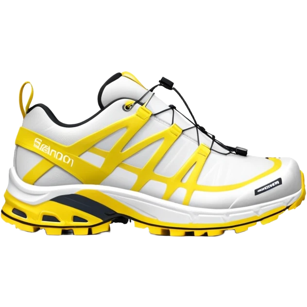 Clean white Salomon XT-6 with only a yellow colored stripe running through the center, one shoe positioned behind the other, entirely white except for the colored middle line emoji
