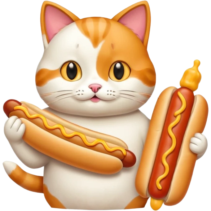 A cartoon cat holding and eating a hot dog emoji