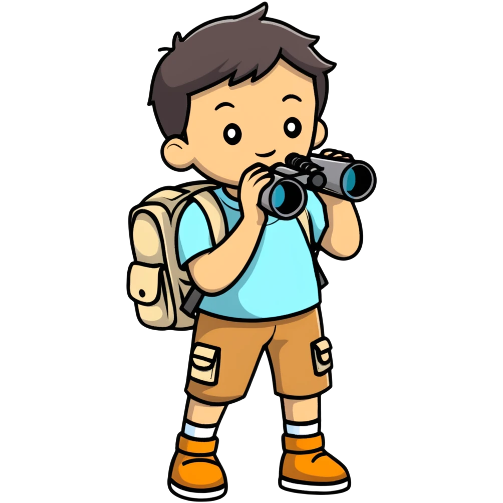 young explorer kid with backpack and binoculars emoji