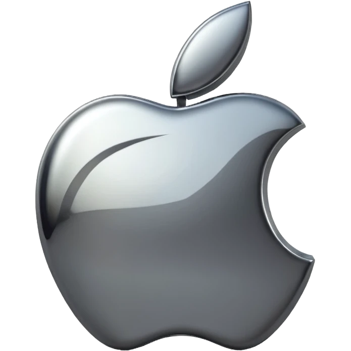 Metallic Apple logo emoji icon, chrome surface, sharp reflections, dark background, centered emoji