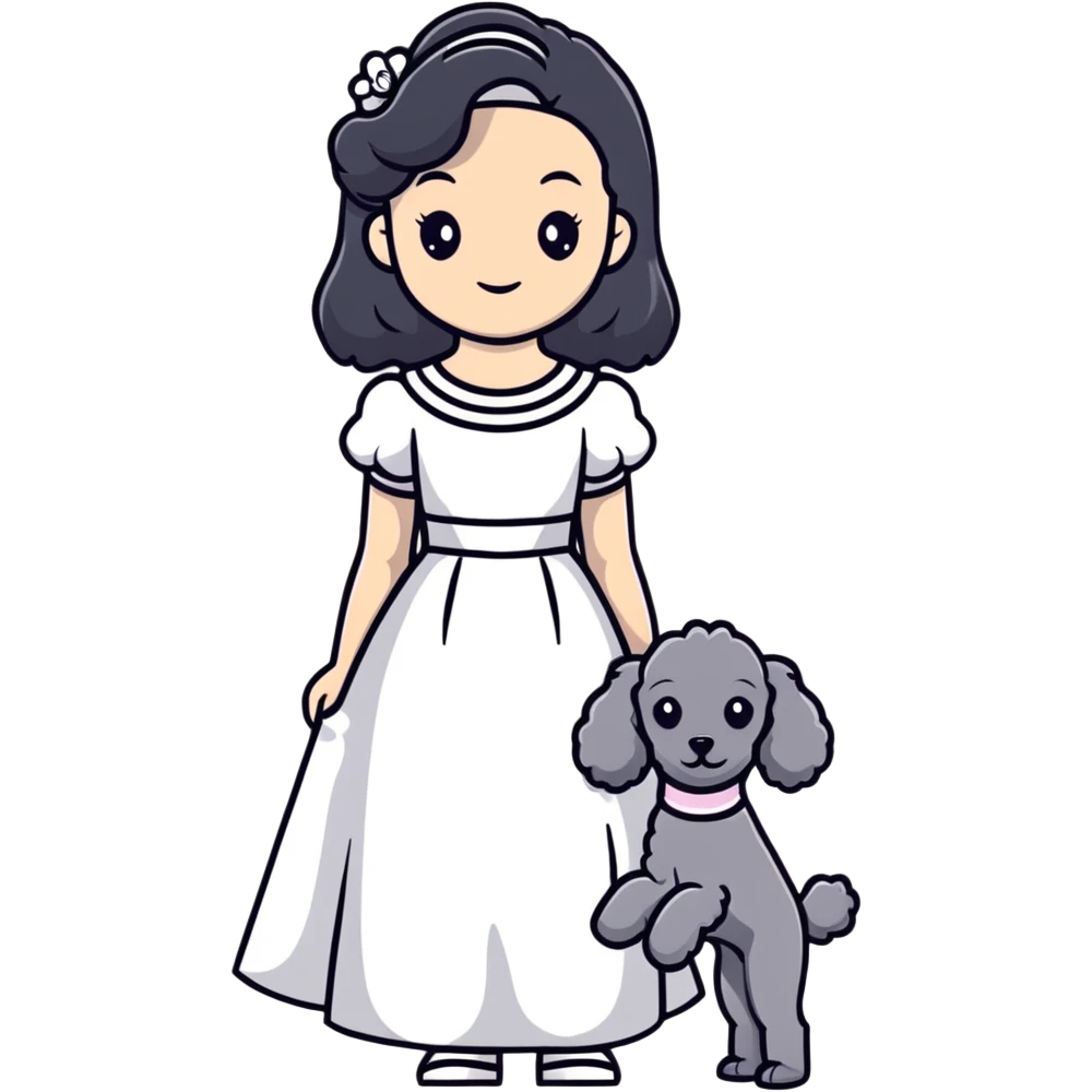 beautiful girl with long black hair in a white dress holding a small gray poodle emoji