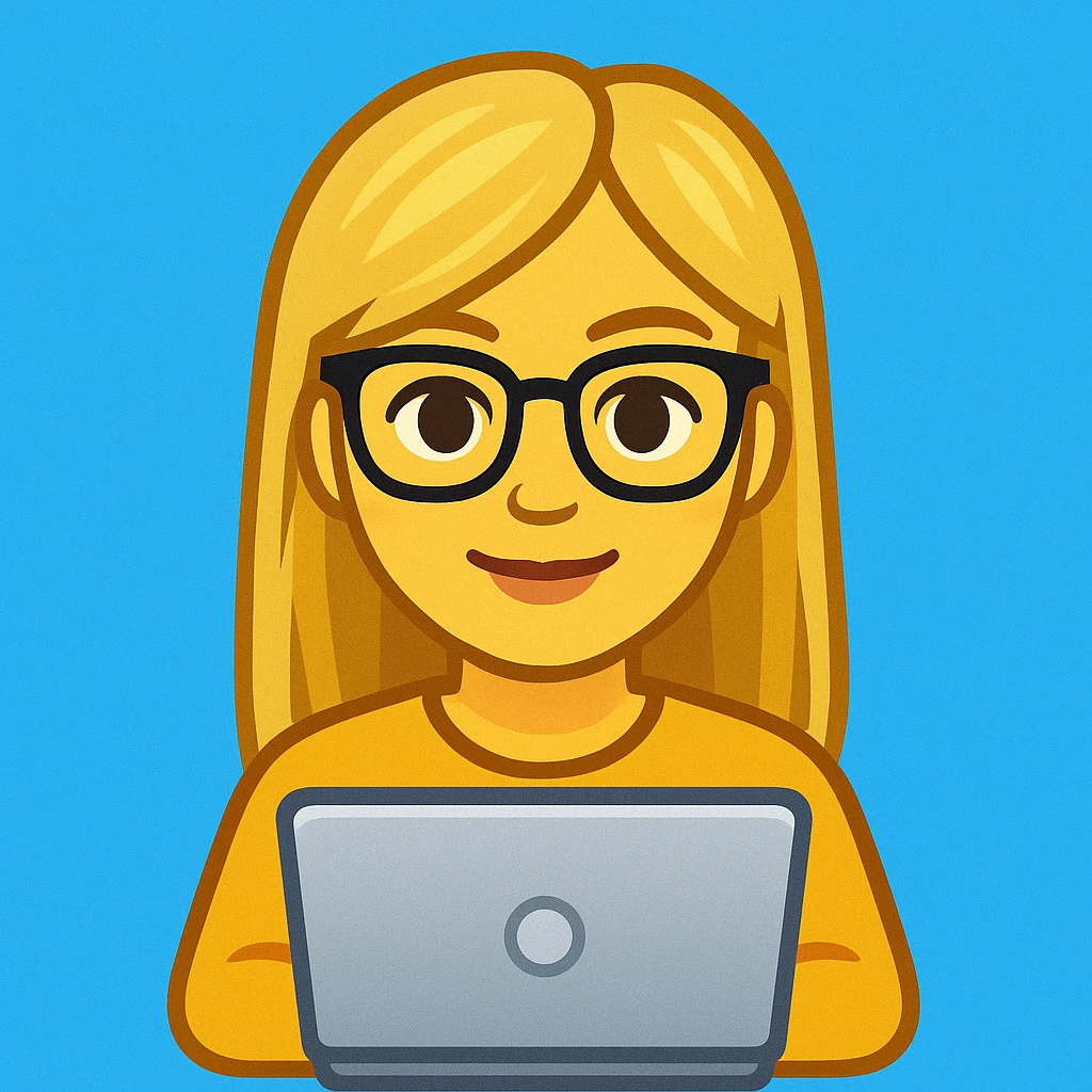 blonde writer woman wearing glasses working on a laptop, twitter style emoji emoji
