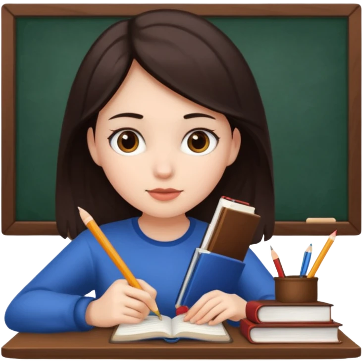 A girl with white skin and dark brown hair studying emoji