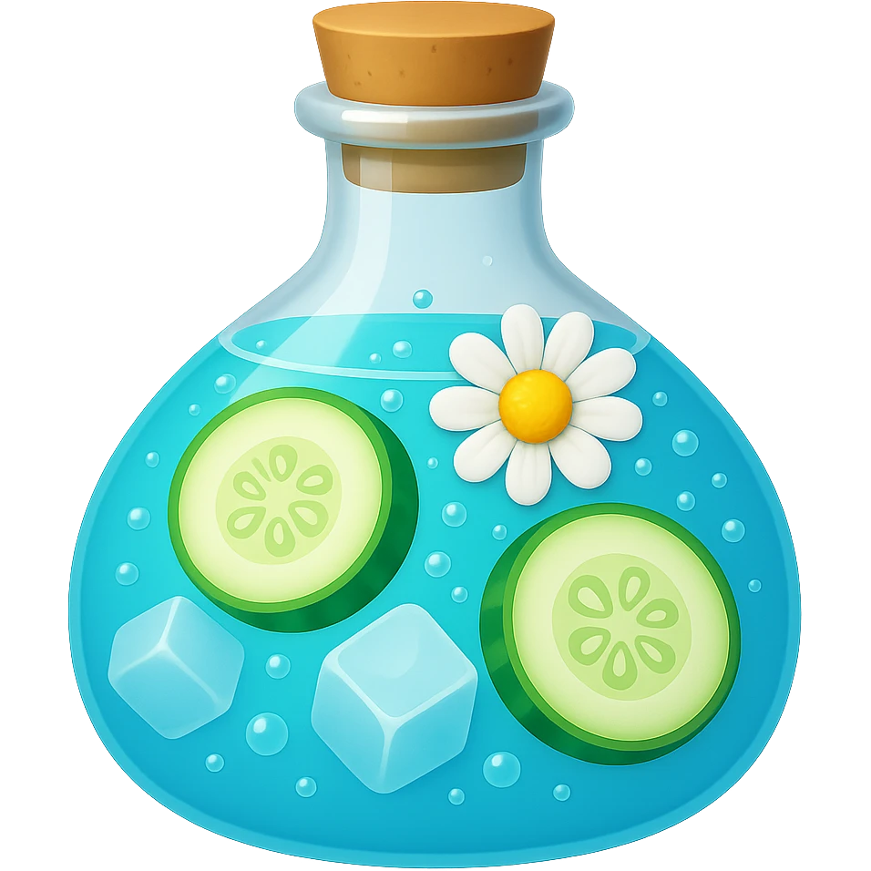 Edit the bottle in the same shape as the reference image. The liquid inside should be color #6fdef1. Inside the bottle, include cucumber slices, ice cubes, a chamomile flower, and more bubbles in the liquid. The style should resemble apple emoji style with concise and clean details. emoji