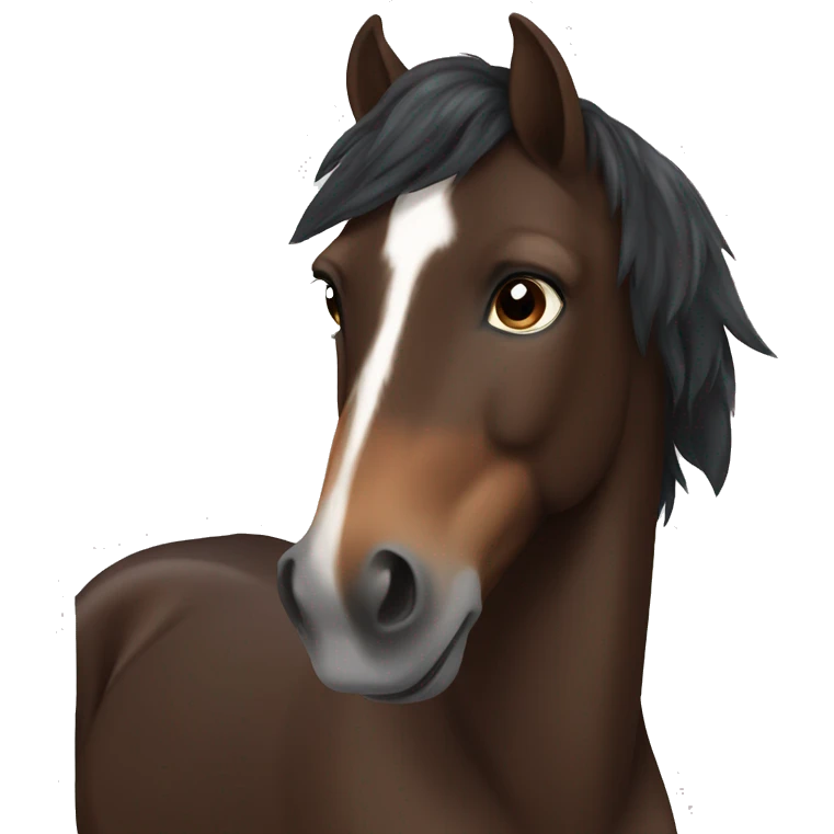 Dark brown horse with dark brown mane and small white marking on forehead emoji