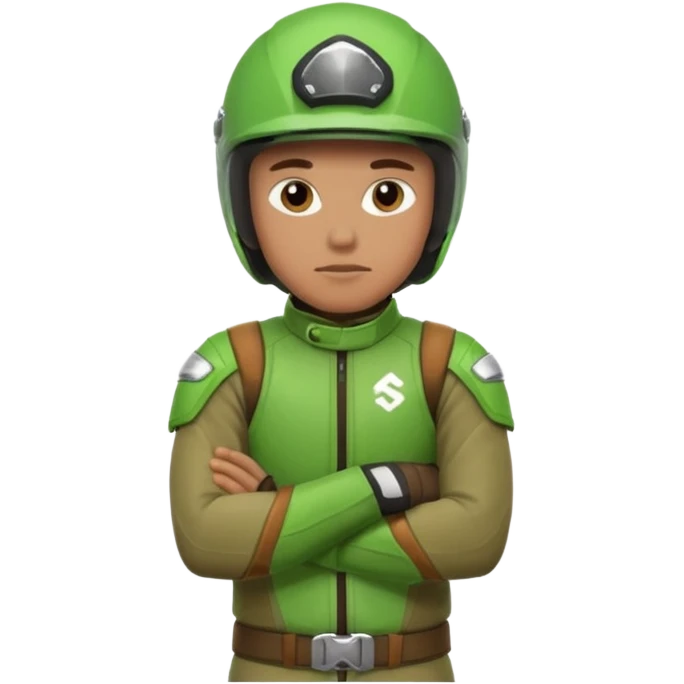 dirtbike rider in green gear with arms crossed, and thinking emoji