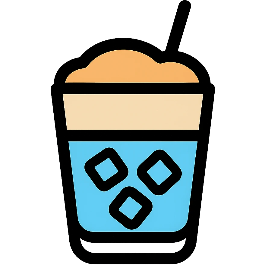 modern coffee icon of greek freddo espresso in clear glass with ice cubes and creamy foam, minimal background emoji