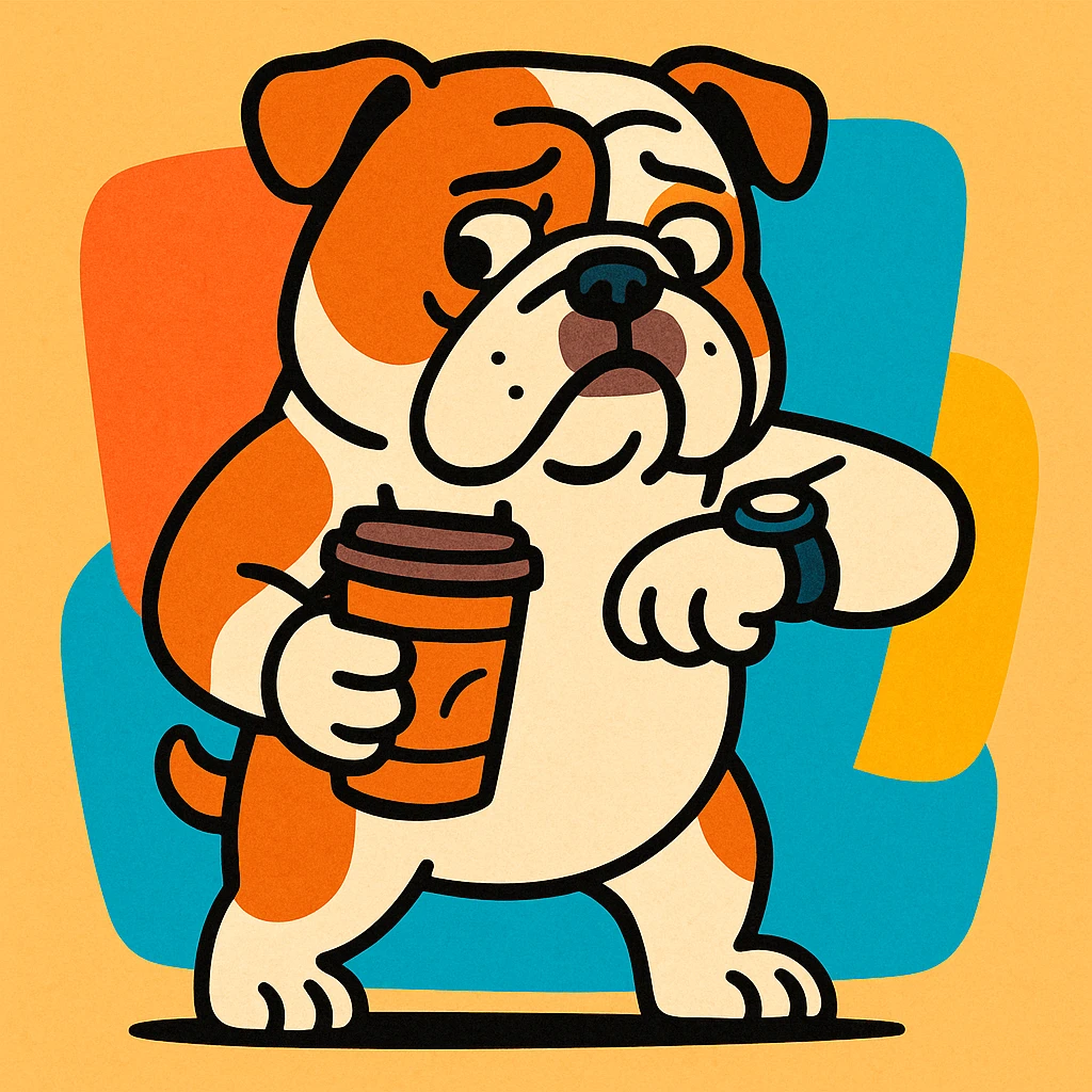English Bulldog standing with a to-go coffee cup, glancing at a watch, vibrant cartoon style emoji