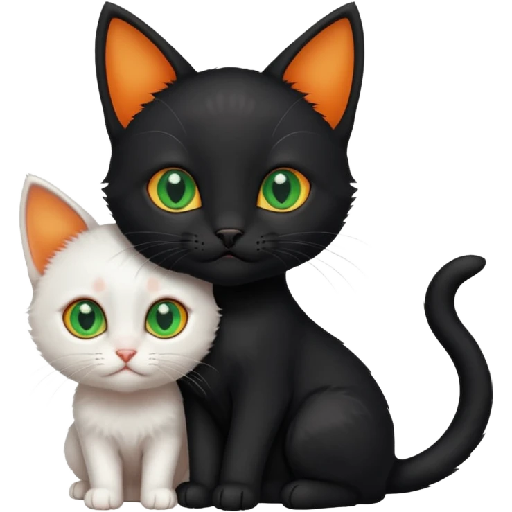 Black kitten with green eyes with small white kitten with orange spots and blue eyes adorable cute tiny  emoji