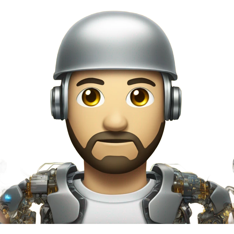 half cyborg face half human with short straight, dark hair, hardhat, and a neatly trimmed beard emoji