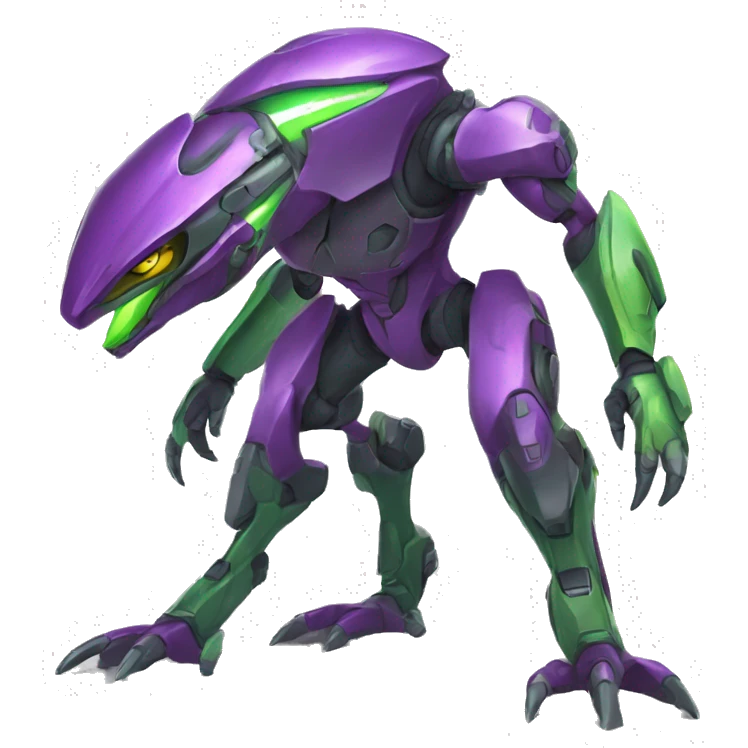 a purple-green Genesect-Raptor-Fakémon—hybrid with a futuristic visor-helmet full body emoji