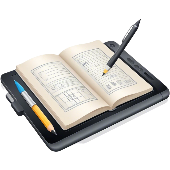 Illustration icon, pencil, paintbrush, gel pen, graphic tablet or monitor with digital illustration, open book with sketches, minimalistic style, clean lines, transparent background. emoji