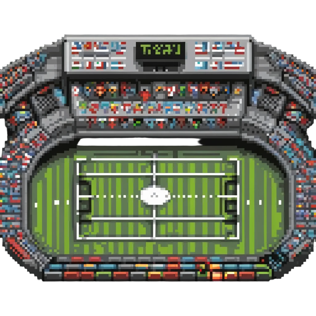 Pixel art stadium filled with cheering crowd, sports boom emoji