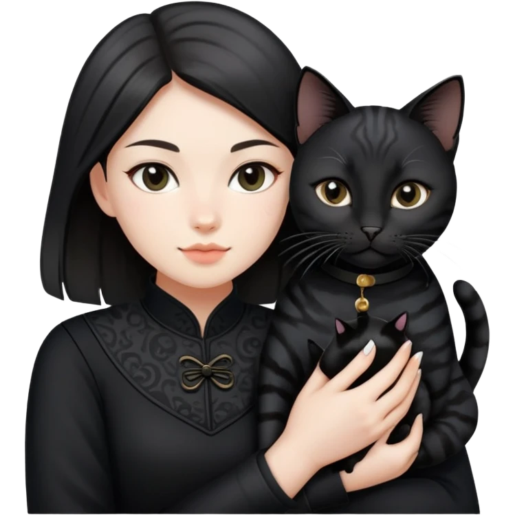 Young woman in black clothes with a black-patterned Chinese domestic cat emoji